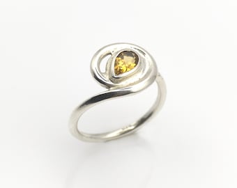 Sterling Silver Swirl Ring with Natural Citrine Gem – Pear Cut Centerpiece