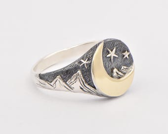 Moon and mountains panorama, silver and 9k gold ring