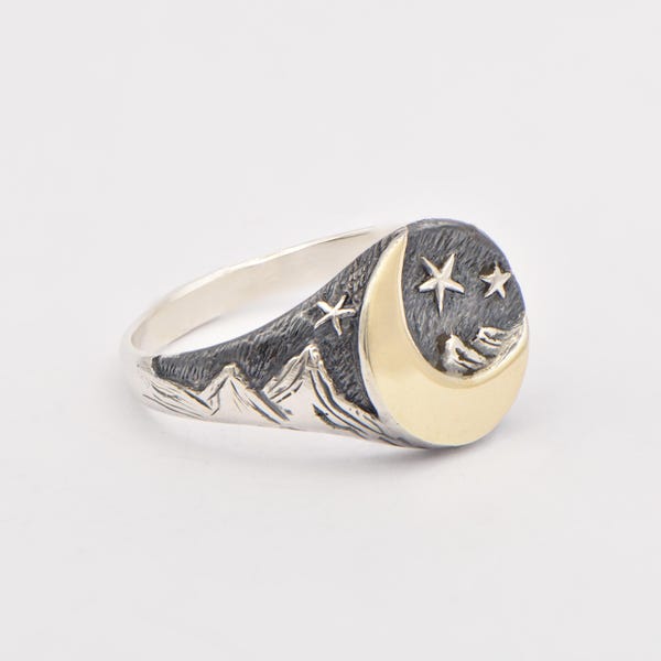 Moon and mountains panorama, silver and 9k gold ring