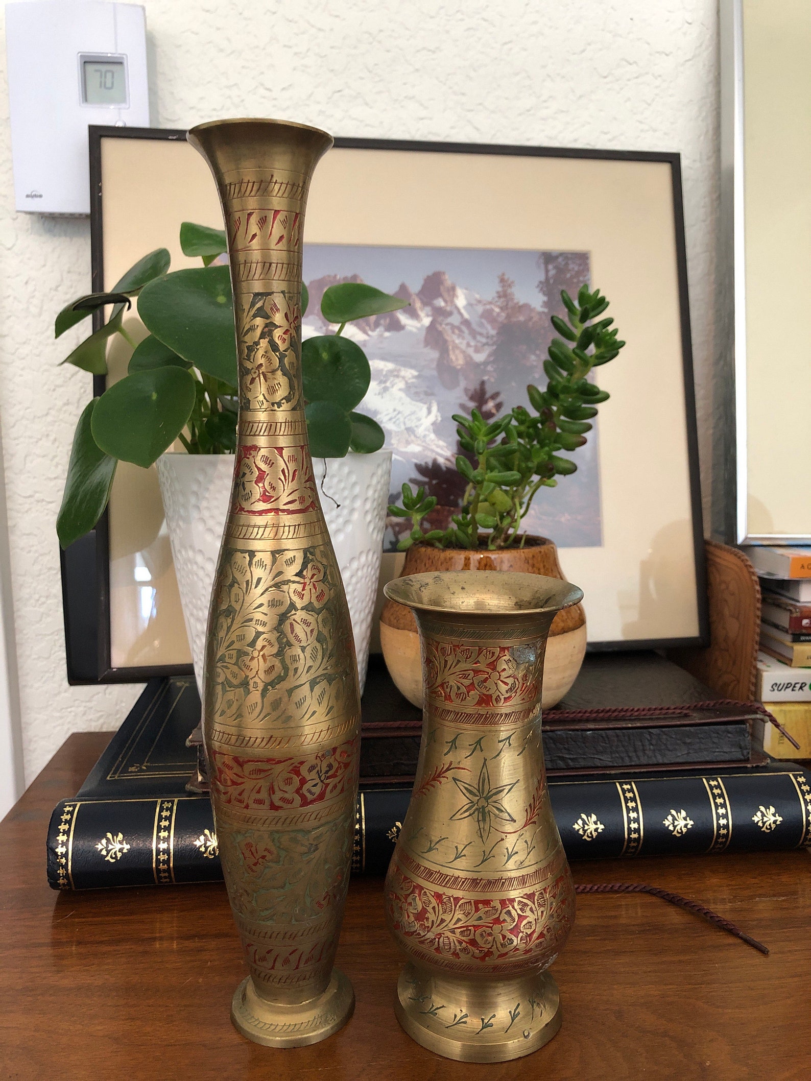 Vintage Brass Vase // Lot of 2 // Etched Enamel Etsy