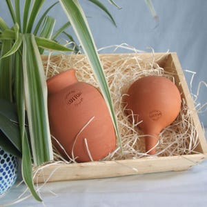 Puede incluir: Dos macetas de terracota, una redonda y otra ovalada, con la palabra "LUTION" estampada en ellas. Las macetas están en una caja de madera llena de papel picado.