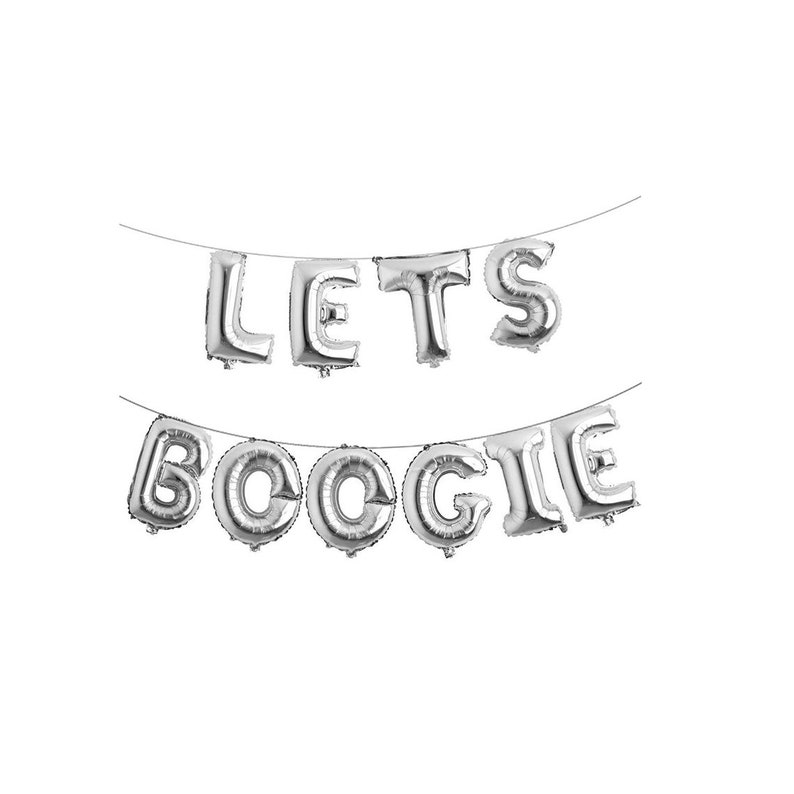 May include: A set of silver foil letter balloons spelling out the phrase LETS BOOGIE, arranged in two rows on thin strings. Each individual balloon has a metallic finish and is shaped like a capital letter, creating a decorative banner display.