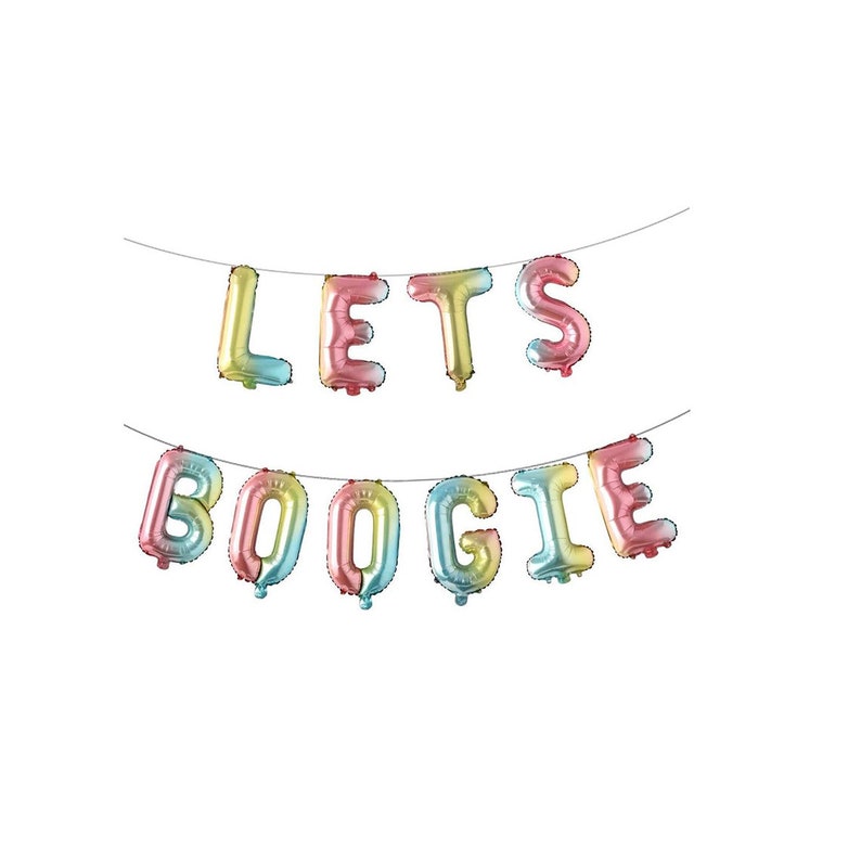 May include: A set of iridescent, multi-coloured foil balloons arranged on two strings to spell out the phrase LETS BOOGIE. Each letter balloon features a gradient finish transitioning between shades of pink, yellow, blue, and green.