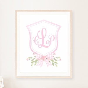Watercolor Monogram Crest Nursery, Girl Nursery Wall Art Print, Pink Monogram Crest Wall Art, Girl Nursery Decor, Pink Gingham Bow, Editable