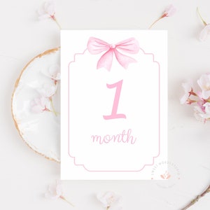 Cartes d'étape rose avec noeud, aquarelles cartes d'étape mensuelles, étape importante pour petite fille, lot de 16 cartes, cadeaux de baby shower, téléchargement immédiat