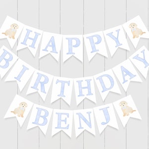Banner de feliz cumpleaños de cachorro, imprimible, banner con nombre de bebé, decoración de cumpleaños de niño, banner con letras azules en acuarela, 012