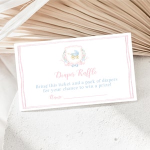Carte de tirage au sort de couches avec écusson bleu rose, shower de bébé révélation du sexe, insertion d'invitation, enveloppe d'invitation pour le tirage de couches de couches, modèle modifiable, BPB