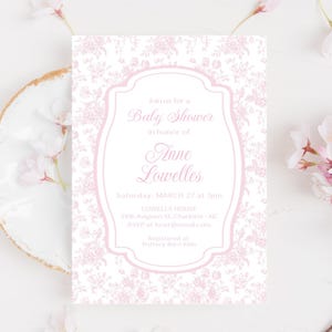 Pink Grandmillennial Baby Shower Invitation, Pink Chinoiserie Baby Shower Invite, Vintage Floral Baby Shower, Watercolor, Editable, 014