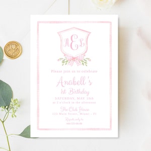 Invitación con monograma rosa, invitación para el primer cumpleaños de una niña, lazo de cuadros rosa, invitación para baby shower, monograma de acuarela, editable, NB2
