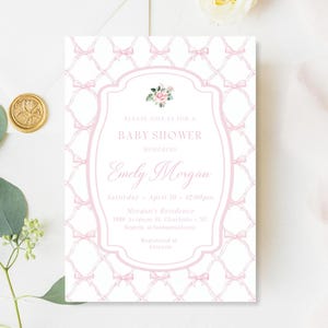 Bow Grandmillennial Baby Shower Invitation, Pink Bow Baby Shower Invite, Vintage Floral, Girl Baby Shower, Watercolor Bow, Editable, 016