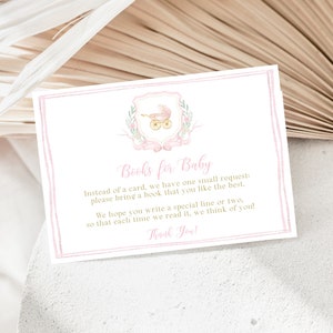 Aquarel embleemboeken voor babykaart, roze strik uitnodiging invoegen, meisjeswagen babyshower uitnodiging bijlage, boekverzoek, bewerkbare BS3