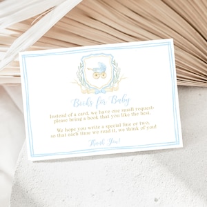 écusson bleu, livres pour carte de bébé, insertion d'un noeud bleu, enveloppe d'invitation pour baby shower en calèche, demande de livre, modifiable, BS4