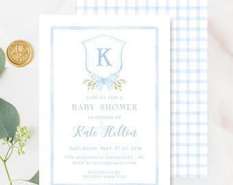 Crest Monogram Baby Shower Invitation, Gingham Bow Baby Shower Invite, Boy Baby Shower Invite, Blue Monogram Baby Shower, Editable, 007