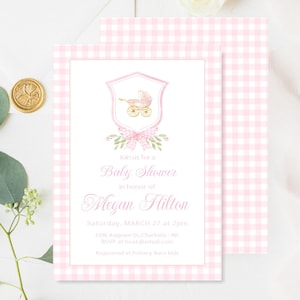 Invitación para baby shower con escudo de cuadros vichy, invitación para baby shower de niña, baby shower con carruaje rosa, baby shower con escudo de lazo, acuarela, editable, 008