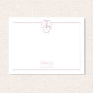 Tarjetas de agradecimiento para imprimir, papelería para niña, papelería con monograma, lazo rosa de acuarela, de Nursery of Cards, C01