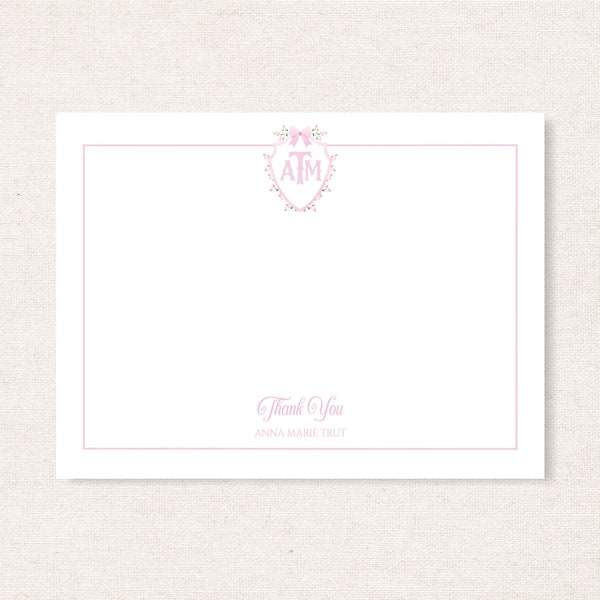 Printable Thank You Note Cards, Baby Girl Stationery, Monogram Crest Stationery, Watercolor Pink Bow, From the Nursery of Cards, C01