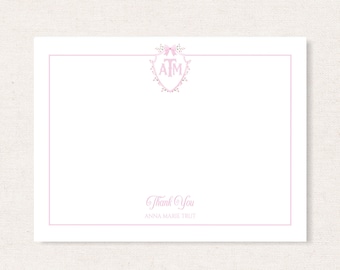 Printable Thank You Note Cards, Baby Girl Stationery, Monogram Crest Stationery, Watercolor Pink Bow, From the Nursery of Cards, C01