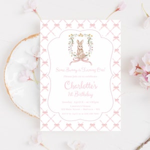 Crest Floral Some Bunny is ONE Invitation, Girl First Birthday Invitation, Bunny Girl 1st Birthday, Pink Bow Bunny Invite, Editable, BG3