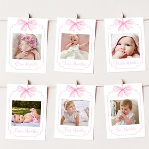 First Year Photo Banner, Monthly Milestone Photo Cards, Pink Bow First Birthday Photo Banner, Girl Pink Bow Party, Editable, 011