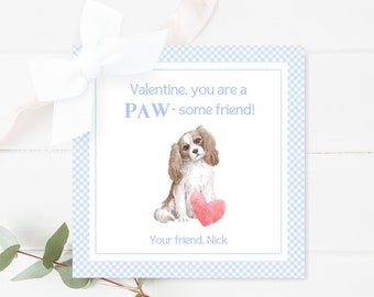 Watercolor Puppy Valentine, Printable Valentine Day Card, You are Pawsome, Puppy Dog Valentine Tag, Boy Classroom Valentine, Blue Gingham