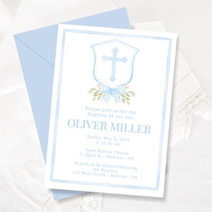 Watercolor Crest Baptism Invitation, Blue Cross Invite, Traditional Baptism Invite, Baby Dedication for Boy, First Communion, Editable, B02