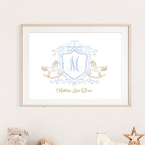 Nursery Monogram Wall Art, Rocking Horse Crest, Rocking Horse Nursery Wall Art, Watercolor Blue Crest, Boy Monogram Nursery, Editable