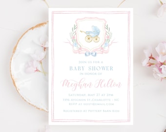Pink Blue Crest Baby Shower Invitation, Gender Reveal Baby Shower Invite, Pink Blue Invitation, Carriage Baby Shower, Editable Text, BPB