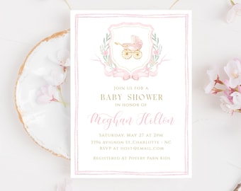 Faire-part de baby shower écusson aquarelle, invitation de baby shower fille, faire-part de noeud rose, calèche, invitation de texte modifiable, BS3