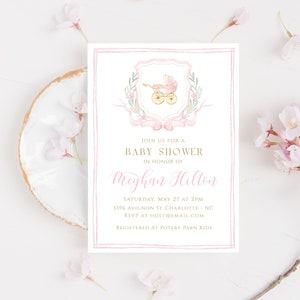 Watercolor Crest Baby Shower Invitation, Girl Baby Shower Invite, Pink Bow Invitation, Girl Carriage, Editable Text Invite, BS3