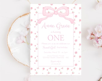 Watercolor Bow Floral First Birthday Invitation, Girl Birthday Decor, Pink Bow Invitation, Sweet Girl 1st Birthday, Editable Invite, BG1