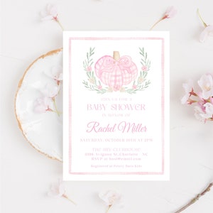 Gingham Pumpkin Baby Shower Invitation, Pink Pumpkin Girl Baby Shower Invite, Watercolor Pumpkin Bow, Fall Girl Baby Shower, Editable, PB1