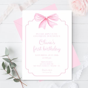 Pink Bow First Birthday Invitation, Girl 1st Birthday Decoration, Pink Bow Party, Watercolor Pink Bow Invitation, Editable Invite, 011