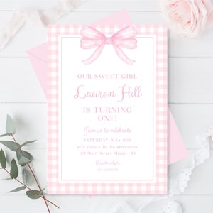 Pink Gingham Bow First Birthday Invitation, Girl 1st Birthday Decor, Pink Bow Party, Watercolor Pink Bow Invitation, Editable Invite, 013