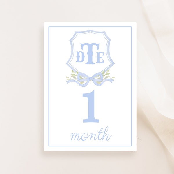 Printable Monogram Milestone Cards, Boy Monthly Milestone, Watercolor Boy Milestone Cards, Baby Shower Gift, Baby Memories, Editable, BBM