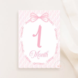 Cartes d'étape mensuelles, aquarelles roses pour bébés, étape importante avec noeud rose, cadeaux de baby shower, imprimable téléchargement immédiat