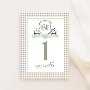 Stockentenwappen-Monogramm-Meilensteinkarten, monatlicher Meilenstein für Jungen, Aquarell-Meilensteinkarten für Jungen, Babypartygeschenk, Babyerinnerungen, bearbeitbar
