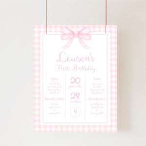 First Birthday Milestone Sign, Pink Gingham Bow Party, Girl 1st Birthday, First Year Poster, Watercolor Pink Bow, Editable Sign, 013