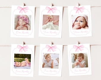 First Year Photo Banner, Monthly Milestone Photo Cards, Pink Bow First Birthday Photo Banner, Girl Pink Bow Party, Editable, 011