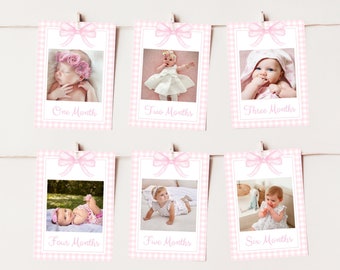 Pink Bow First Year Photo Banner, Monthly Milestone Photo Cards, Pink Gingham Milestone Photo Banner, Girl Pink Bow Party, Editable, 013