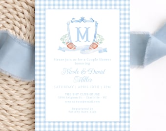 Football Baby Shower Invitation, Blue Gingham Couple Baby Shower Invite, Football Boy Baby Shower, Crest Monogram Baby Shower, Editable, 013