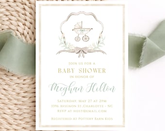 Watercolor Carriage Baby Shower Invitation, Gender Neutral Baby Shower Invite, Crest Bow Invitation, Beige & Gold, Editable Template, BS5