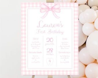 Letrero de primer cumpleaños, lazo rosa de cuadros vichy, primer cumpleaños de niña, póster de primer año, lazo rosa de acuarela, letrero editable, 013