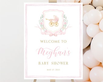 Panneau de bienvenue aquarelle écusson pour baby shower, calèche, affiche de bienvenue noeud rose, baby shower écusson rose, modèle de bienvenue modifiable, BS3