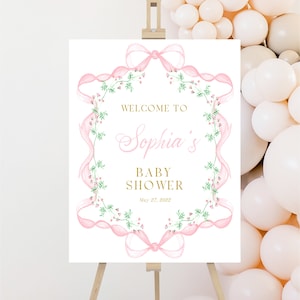 Pink Bow Baby Shower Welcome Sign, Girl Baby Shower Decoration, Watercolor Pink Bow, Girl Shower Welcome Poster, Editable Sign, BS1