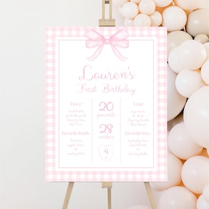 Letrero de primer cumpleaños, lazo rosa de cuadros, primer cumpleaños de niña, póster de primer año, lazo rosa de acuarela, letrero editable, 013
