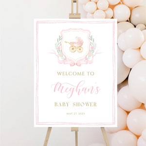 Letrero de bienvenida para baby shower con escudo de acuarela, carruaje de niña, póster de bienvenida con lazo rosa, baby shower con escudo rosa, plantilla de bienvenida editable, BS3