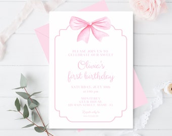 Pink Bow First Birthday Invitation, Girl 1st Birthday Decoration, Pink Bow Party, Watercolor Pink Bow Invitation, Editable Invite, 011