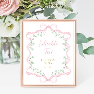 Letrero para baby shower con lazo rosa de acuarela, letrero editable de 8 x 10, letrero floral para baby shower de niña, letrero rosa Grandmillennial, letrero personalizado editable, BS1