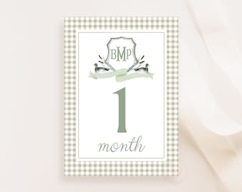 Mallard Crest Monogram Milestone Cards, Boy Monthly Milestone, Watercolor Boy Milestone Cards, Baby Shower Gift, Baby Memories, Editable