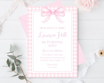 Pink Gingham Birthday Invitation, Girl 1st Birthday Decor, Pink Bow Party, Watercolor Invite, Editable Template, 013